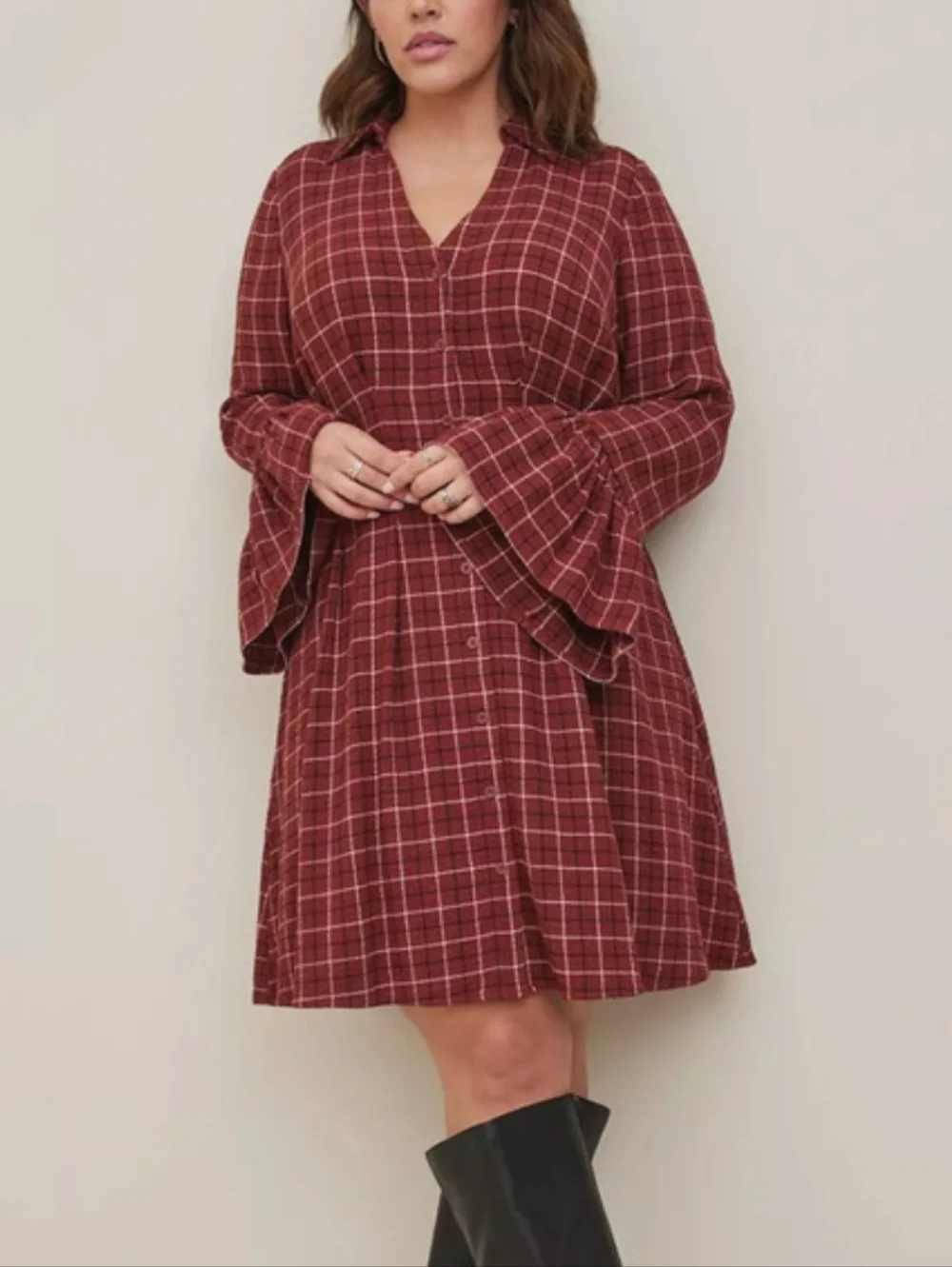 TORRID SIZE 1 / 1X Brown Plaid Gauze Long Bell Sleeve Mini Shirt Dress, Buttons - Picture 1 of 8